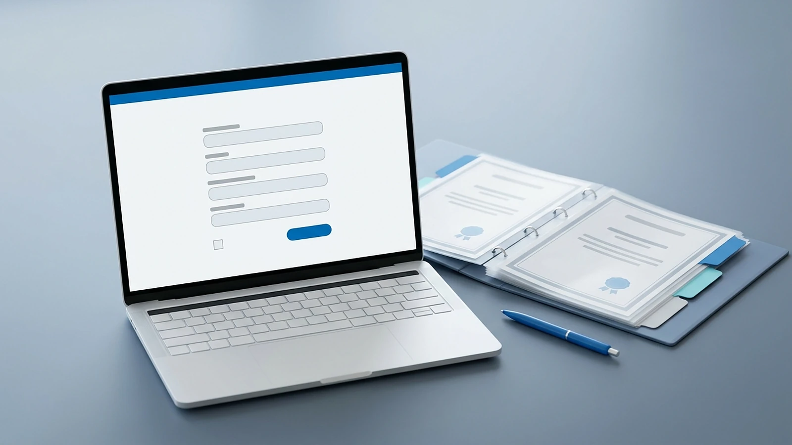 Laptop mit geöffnetem Registrierungsformular eines Vergabeportals, daneben ein sortierter Ordner mit Unternehmensnachweisen wie Handelsregisterauszug, Unbedenklichkeitsbescheinigungen und Haftpflichtnachweis — symbolisiert die Anmeldung als Bieter für öffentliche Ausschreibungen.