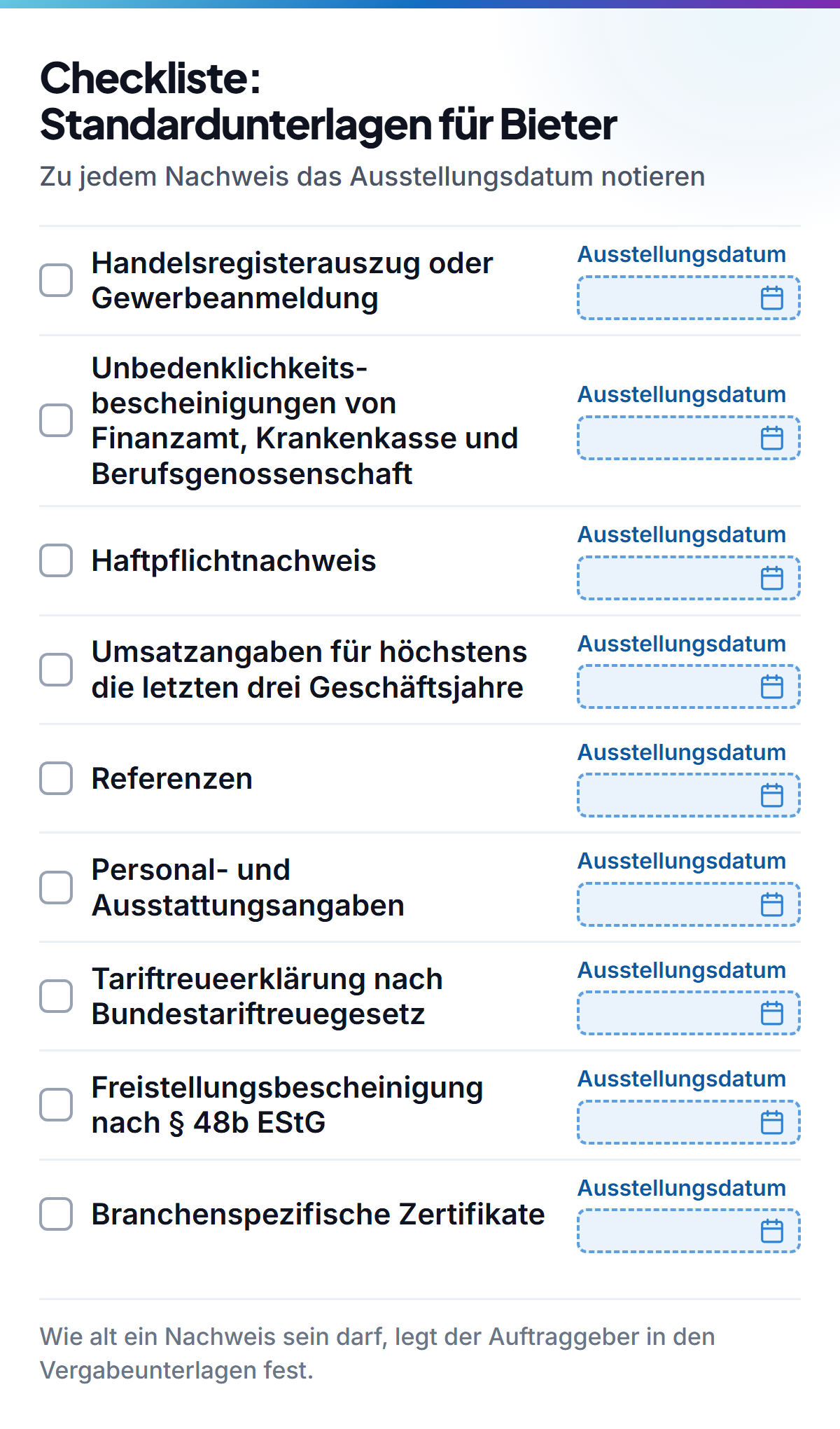 Checkliste der Standardunterlagen für Bieter: Handelsregisterauszug oder Gewerbeanmeldung, Unbedenklichkeitsbescheinigungen von Finanzamt, Krankenkasse und Berufsgenossenschaft, Haftpflichtnachweis, Umsatzangaben für höchstens die letzten drei Geschäftsjahre, Referenzen, Personal- und Ausstattungsangaben, Tariftreueerklärung nach Bundestariftreuegesetz, Freistellungsbescheinigung nach Paragraf 48b EStG und branchenspezifische Zertifikate — jeweils mit Feld für das Ausstellungsdatum.
