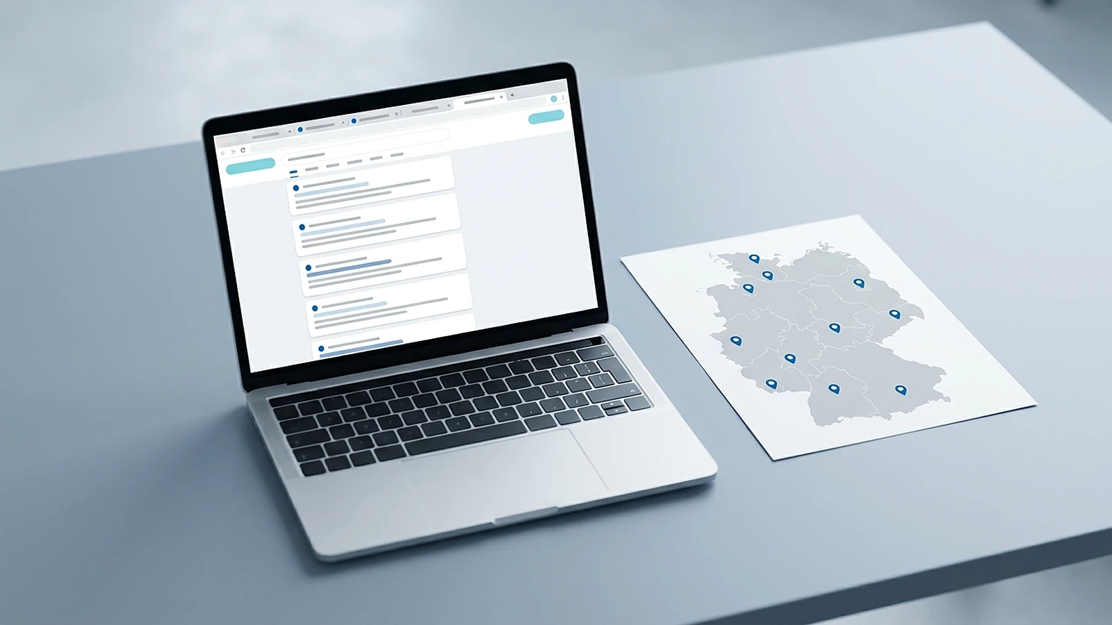 Schreibtisch mit Laptop, auf dem mehrere Vergabeportale in verschiedenen Browser-Tabs geöffnet sind, daneben eine Deutschlandkarte mit markierten Portal-Standorten — symbolisiert die zersplitterte Landschaft öffentlicher Ausschreibungen in Deutschland.